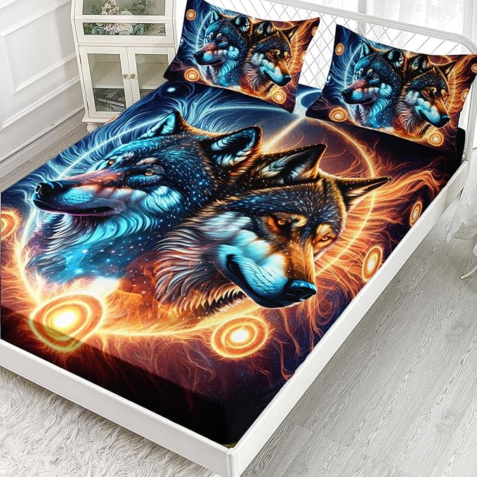AILONEN Boys Wolf Fitted Sheet Set Twin XL Wolf Bed Sheet Set, Wildlife Animal Theme Fitted Sheet with 2 Pillowcases,3 Pieces Ice and Fire Light Wolves Print Fitted Sheet Set