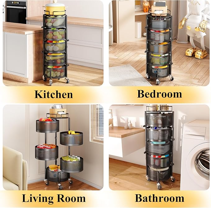 Fruit and Vegetable Basket Bowls for Kitchen with Metal Top Lid, SNTD 5 Tier Rotating Storage Rack Cart for Potato Onion Bread Banana, Wire Basket Organizer on Wheels, Large, Black