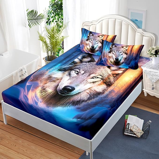 AILONEN Wolf Fitted Sheet Set Twin Size, Winter Forest Wildlife Bedding Set Wolf Sheet Set for Boys Teen Kids,Safari Wolf Printed Bed Sheet Set Wolf Fitted Sheet with 2 Pillowcases,3 Pieces