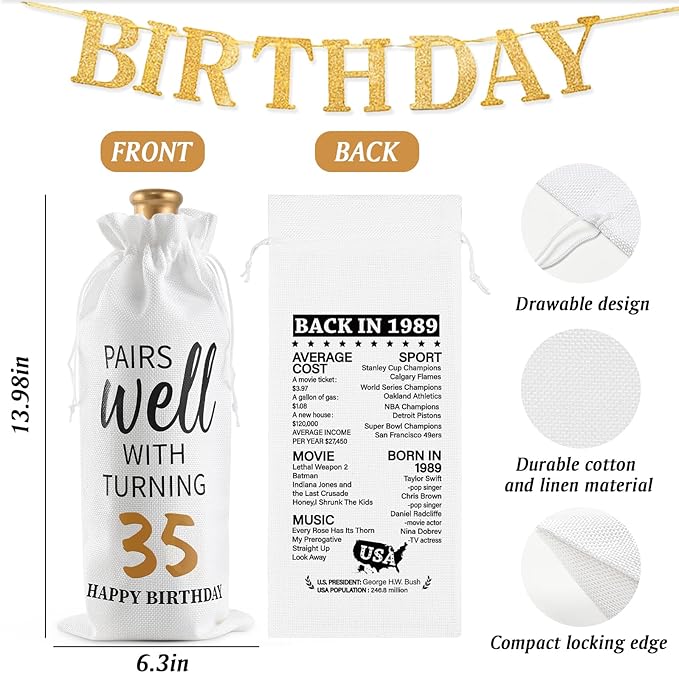 Lifecapido 35th Birthday Gifts for Women, Vintage 1989 Limited Edition Insulated Wine Tumbler with Wine Bag, 35 Year Old Birthday Gifts for Women Her, 1989 Birthday Gift for 35 Year Old Woman, 12 oz