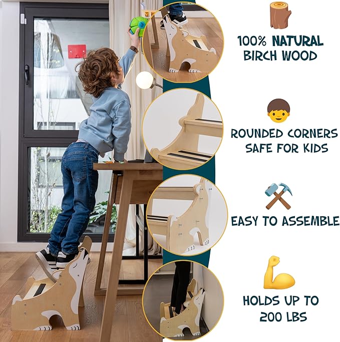Crowned Cuddles - Premium Wooden Step Stool for Kids Toddler Step Stool, Kids Step Stool for Toddlers, Wood Step Stool for Kids Bathroom Sink, Kitchen Counter & Potty Stool (Natural)
