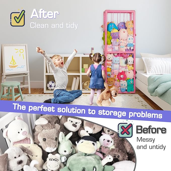 Trycooling Stuffed Animal Storage Zoo Stuffed Animal Holder Space Save Vertical Stuffed Animals Storage PVC with Elastic Band and Net for Playroom Birthday Gift for Bedroom Nursery (Pink 1)