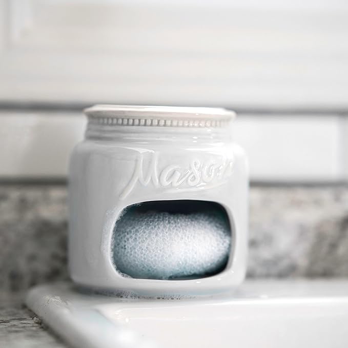 Mason Jar Kitchen Accessories Set - Ceramic Jar with Lid, Measuring Cups & Spoons, Utensil Holder for Stove, and Sponge Holder Ceramic - Vintage Utensil Rest & Condiment Shakers (White, 17-Pieces)