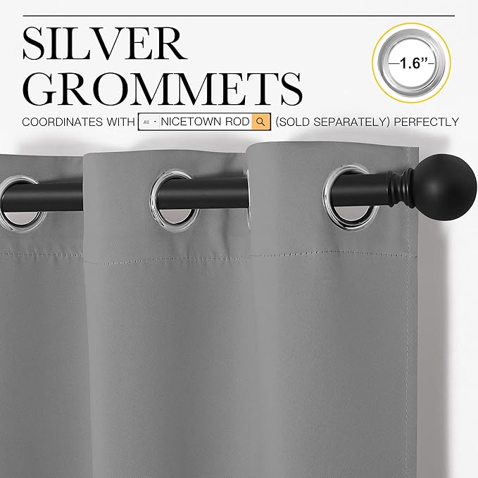 NICETOWN Thermal Insulated Grommet Blackout Curtains, Kids Window Drape Panel for Nursery, Privacy Short Curtains (Silver Grey, 2 Panels, W42 x L50 -Inch)