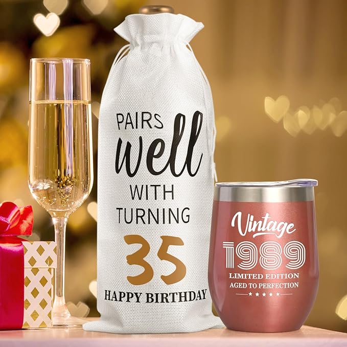 Lifecapido 35th Birthday Gifts for Women, Vintage 1989 Limited Edition Insulated Wine Tumbler with Wine Bag, 35 Year Old Birthday Gifts for Women Her, 1989 Birthday Gift for 35 Year Old Woman, 12 oz