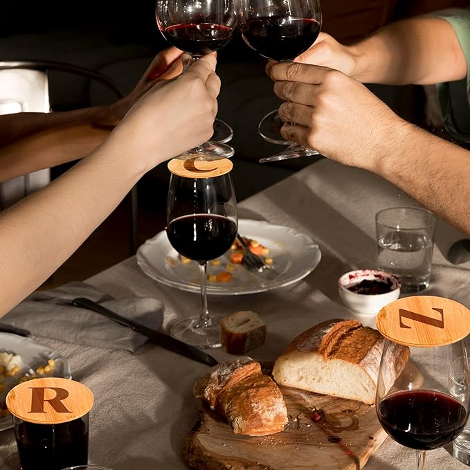 Personalized Wine Glass Charcuterie Topper - Custom Laser Engraved Initial Bamboo Wine Glass Topper Stopper Coasters Plate ID Identification Wine Glass Charcuterie Board Topper (Letter O)
