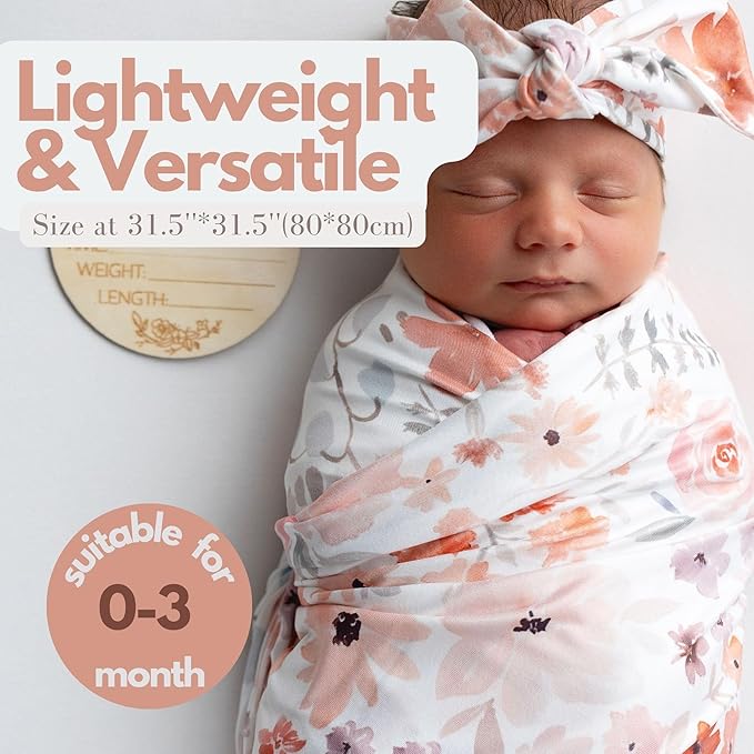 Newborn Baby Girl Receiving Blanket Swaddle Blanket Stretchy Knit Swaddle Set with Matching Headband Beanie with a Name Card (Pink and Orange Floral)
