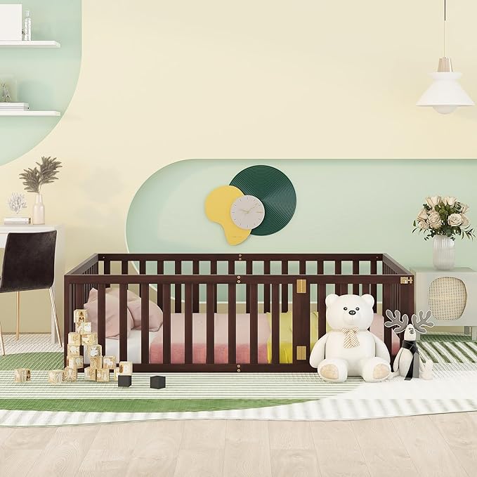 Full Size Floor Bedframe with Door and Safety Guardrails Fence, Solid Wooden Toddler Montessori Platform Bed for Children Bedroom, Boys Girls, Kids Playroom
