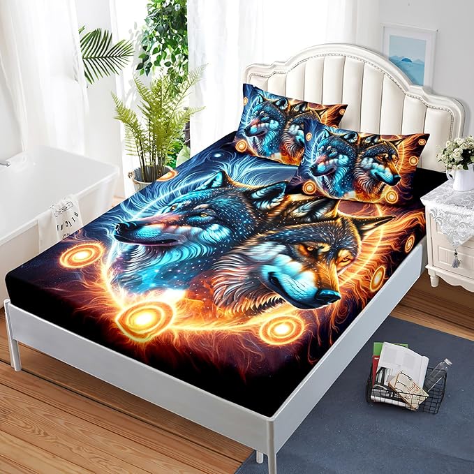 AILONEN Boys Wolf Fitted Sheet Set Twin Wolf Bed Sheet Set, Wildlife Animal Theme Fitted Sheet with 2 Pillowcases,3 Pieces Ice and Fire Light Wolves Print Fitted Sheet Set