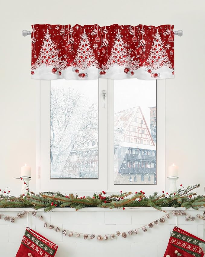 Red Christmas Valance Curtains for Kitchen Windows White Xmas Tree Snowflakes Red Balls Rod Pocket Window Treatment Toppers for Kitchen/Living Room/Bedroom/Bathroom, 60" X 18", Winter