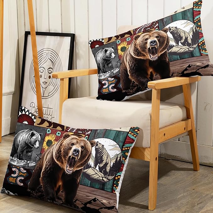 AILONEN Roaring Bear Fitted Sheet Set Twin XL Size, Rustic Cabin Bed Sheet Set,Wildlife Bedding Grey Bear Plaid Sheet Set,3 Pieces Teen Men Boys Bed Sheet Set,1 Fitted Sheet with 2 Pillowcases