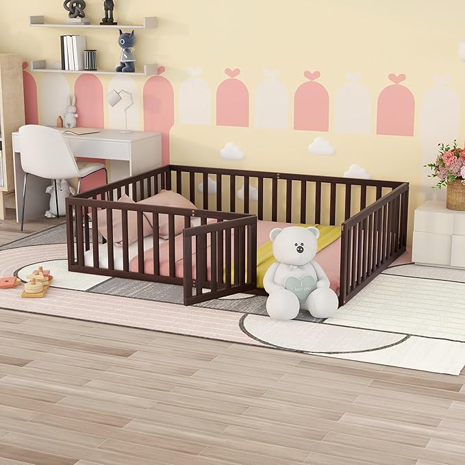 Queen Size Floor Bedframe with Door and Safety Guardrails Fence, Solid Wooden Toddler Montessori Platform Bed for Children Bedroom, Boys Girls, Kids Playroom