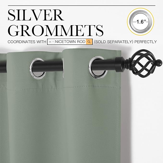 NICETOWN Bedroom Curtain Panels Blackout Draperies, Thermal Insulated Solid Grommet Blackout Curtains/Drapes (1 Pair, 34 by 63 inches, Greyish Green)
