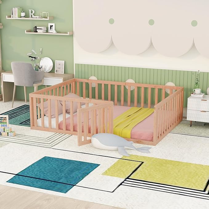 Full Size Floor Bed with Fence, Solid Wood Floor Bed Frame for Kids with Door, Twin Platform Bed for Boys and Girls Kids Teens, Fun Design, for Children Bedroom