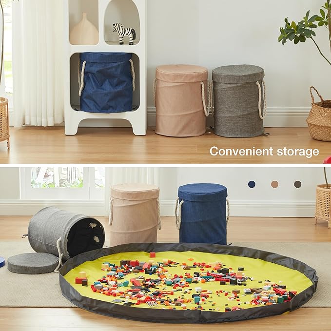 EXQ Home Toy Storage Basket and Building Bricks Toy Play Mat for Kids Rooms (11.8 x15 inches) - Organizer Storage Organizer for Toys, Playroom Canvas Bag Gift for Boy/Girls Navy Blue