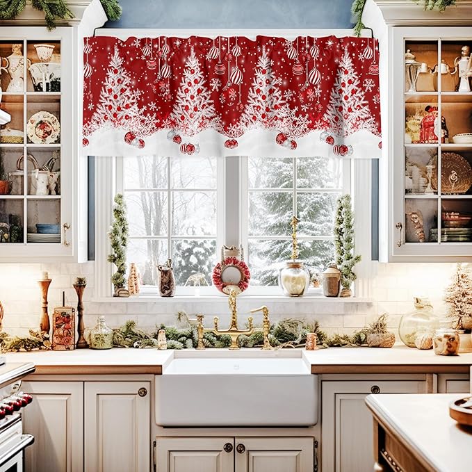 Red Christmas Valance Curtains for Kitchen Windows White Xmas Tree Snowflakes Red Balls Rod Pocket Window Treatment Toppers for Kitchen/Living Room/Bedroom/Bathroom, 60" X 18", Winter