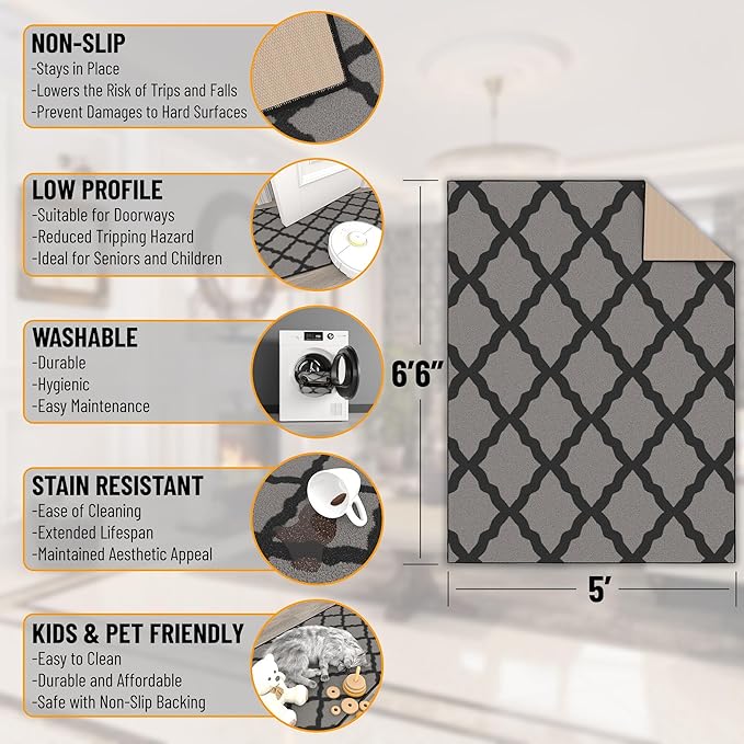 Ottomanson Glamour Collection Non-Slip Rubberback Moroccan Trellis Design 5x7 Indoor Area Rug, 5' x 6'6", Dark Gray