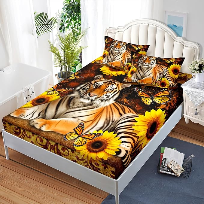 AILONEN Tiger Fitted Sheet Set Twin Size, Vintage Retro Boho Bed Sheet Set Sunflower Butterfly Sheet Set,3 Pieces Printed Teen Boys Tiger Fitted Sheet with 2 Pillowcases