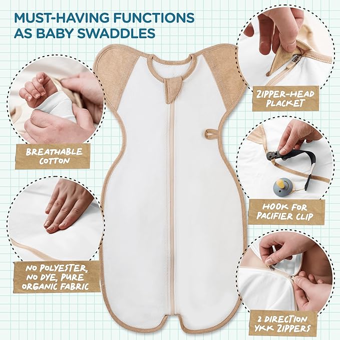 Swaddle, Organic, Air mesh, White, Small, Newborn, 0-3 Months, 7-13 lbs, Transition Baby Sleep Sack Allow Your to Sleep in a Preferred up-arm Position, Designed for Free Hand Movement