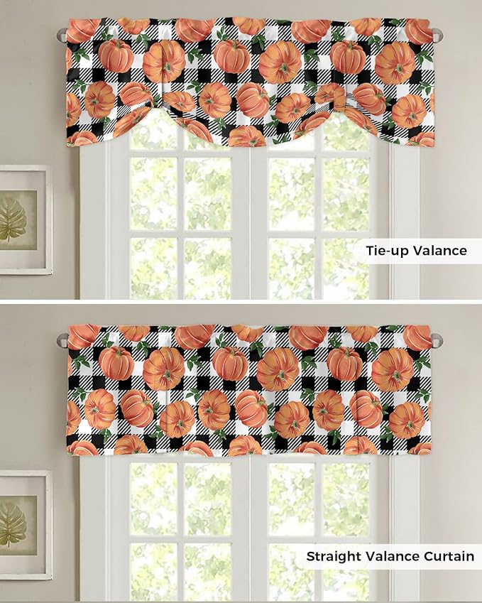 Fall Blackout Tie Up Valance Curtains for Kitchen Windows Thanksgiving Halloween Pumpkins Window Toppers Balloon Shades for Living Room/Bathroom/Bedroom,42" X 18" Farmhouse Black White Buffalo Plaid