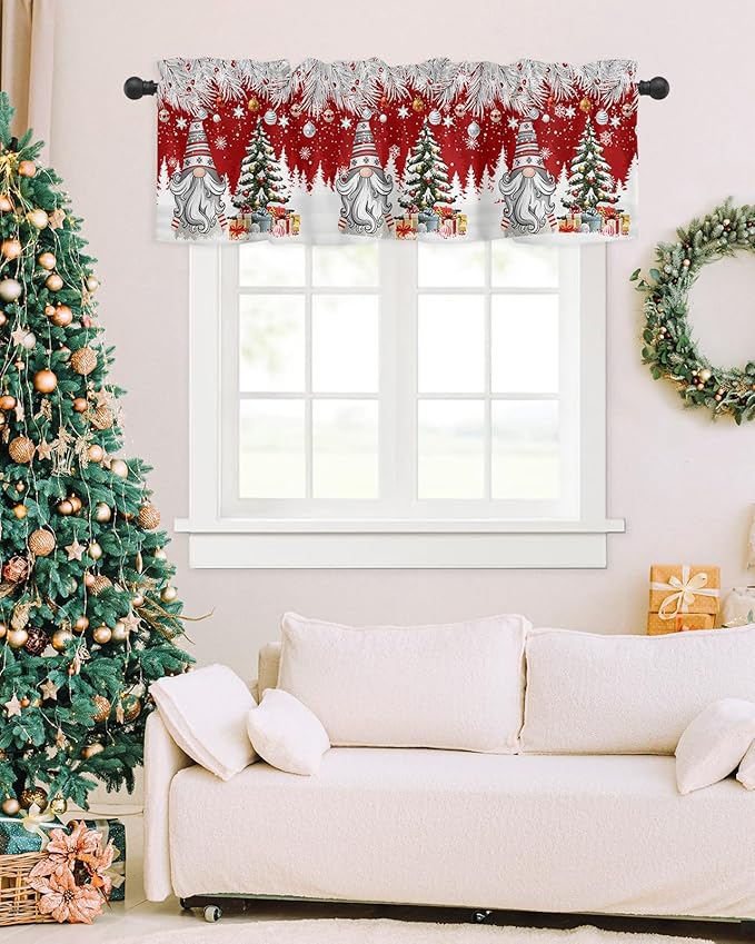 Christmas Gnome Valance Curtains for Kitchen Windows Winter Merry Christmas Tree Balls Rod Pocket Window Treatment Toppers for Kitchen/Living Room/Bedroom/Bathroom, 42" X 12", Red