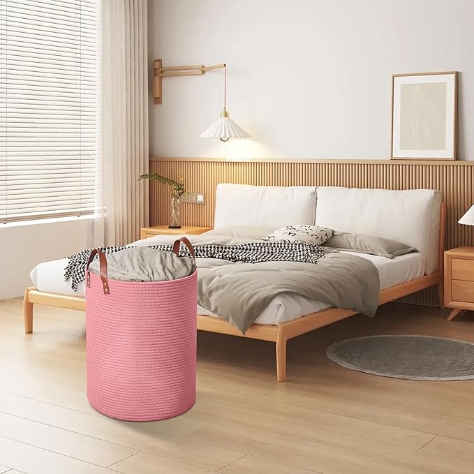 80L Large Rope Basket, Woven Rope Storage Basket with Leather Handles, Dog Toy Storage Basket, Bedroom, Nursery Blanket Storage, Bathroom Laundry Basket, 16“x20” Tall Rope Basket (Pink)