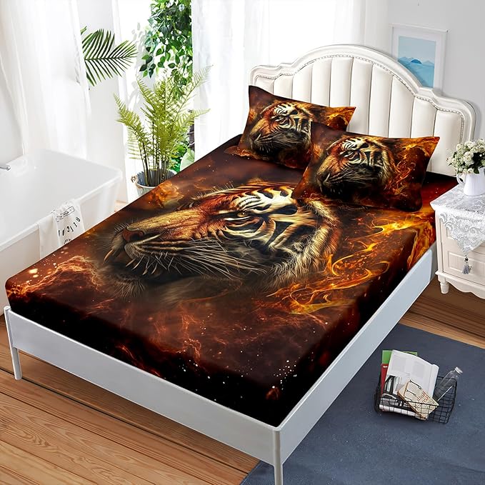 AILONEN Tiger Fitted Sheet Set Twin Size, 3D Fire Animal Tiger Bed Sheet Wildlife Sheet Set,Teen Boys 3 Pieces Printed Safari Tiger Fitted Sheet with 2 Pillowcases