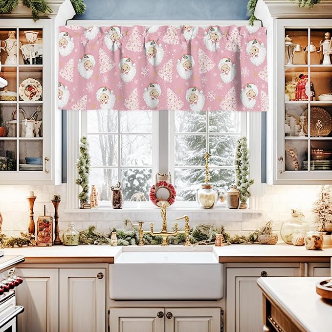 Pink Christmas Valance Curtains for Kitchen Windows Santa Claus Merry Christmas Tree Rod Pocket Window Treatment Toppers for Kitchen/Living Room/Bedroom/Bathroom, 42" X 18", Winter Snowflake