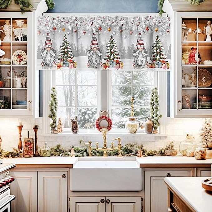 Christmas Gnome Valance Curtains for Kitchen Windows Winter Merry Christmas Tree Balls Rod Pocket Window Treatment Toppers for Kitchen/Living Room/Bedroom/Bathroom, 42" X 18", Grey