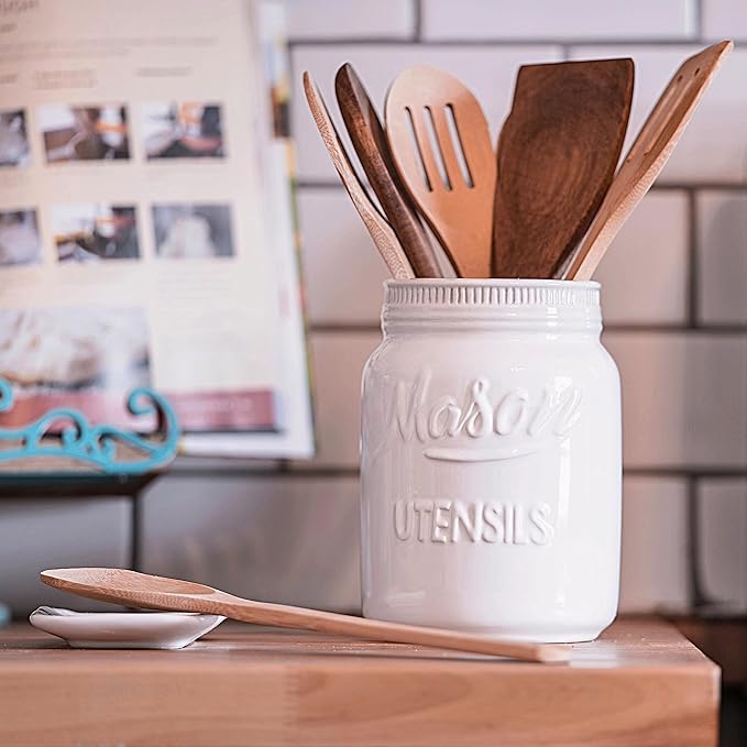 Mason Jar Kitchen Accessories Set - Ceramic Jar with Lid, Measuring Cups & Spoons, Utensil Holder for Stove, and Sponge Holder Ceramic - Vintage Utensil Rest & Condiment Shakers (White, 17-Pieces)