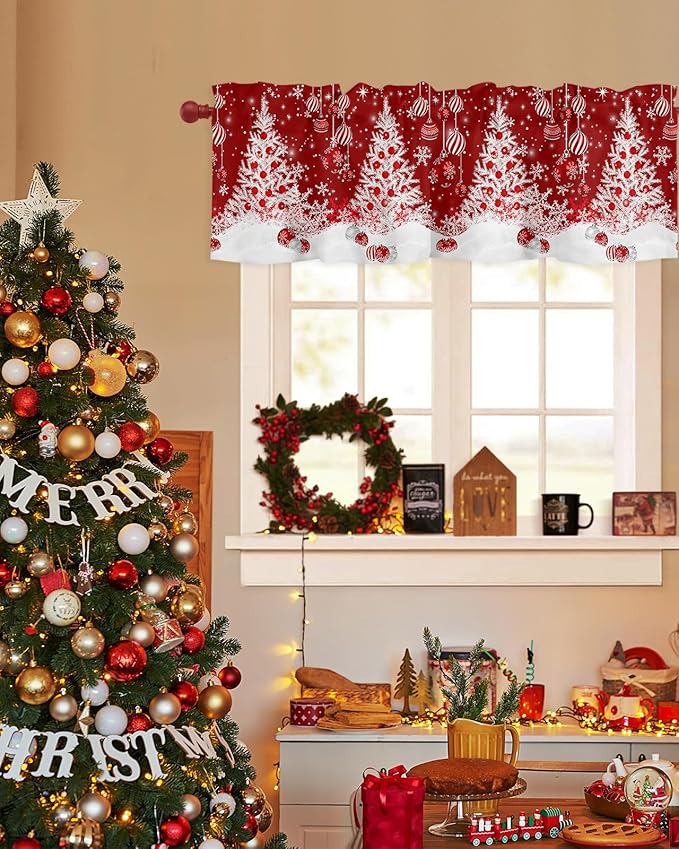 Red Christmas Valance Curtains for Kitchen Windows White Xmas Tree Snowflakes Red Balls Rod Pocket Window Treatment Toppers for Kitchen/Living Room/Bedroom/Bathroom, 60" X 18", Winter