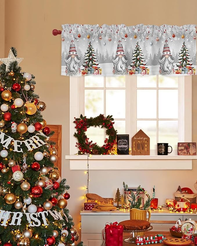 Christmas Gnome Valance Curtains for Kitchen Windows Winter Merry Christmas Tree Balls Rod Pocket Window Treatment Toppers for Kitchen/Living Room/Bedroom/Bathroom, 42" X 18", Grey
