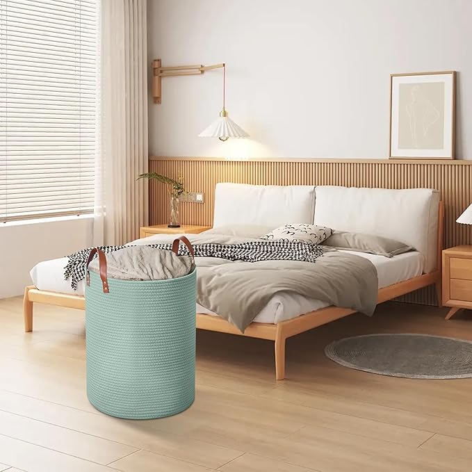 80L Large Rope Basket, Woven Rope Storage Basket with Leather Handles, Dog Toy Storage Basket, Bedroom, Nursery Blanket Storage, Bathroom Laundry Basket, 16“x20” Tall Rope Basket (Green)