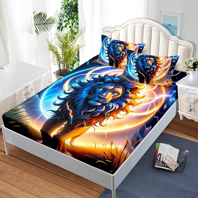 AILONEN Lion Fitted Sheet Set Full Size, Constellation Lightning Lion Bed Sheet Set for Boys Girls,Blue Sky Starry Animal Lion Breathable Fitted Sheet and 2 Pillowcases,3 Pieces