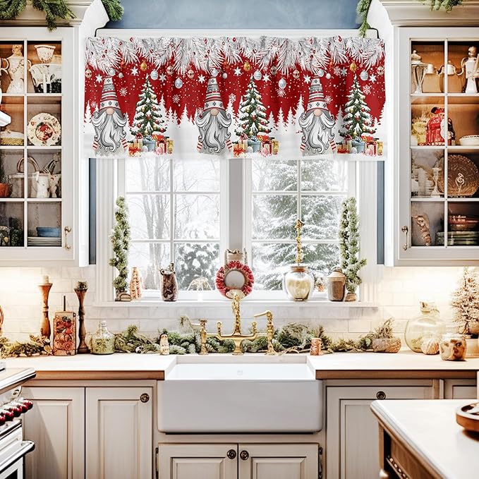 Christmas Gnome Valance Curtains for Kitchen Windows Winter Merry Christmas Tree Balls Rod Pocket Window Treatment Toppers for Kitchen/Living Room/Bedroom/Bathroom, 42" X 12", Red