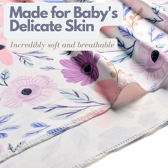 Newborn Baby Girl Receiving Blanket Swaddle Blanket Stretchy Knit Swaddle Set with Matching Headband Beanie with a Name Card (Pink and Purple Floral)