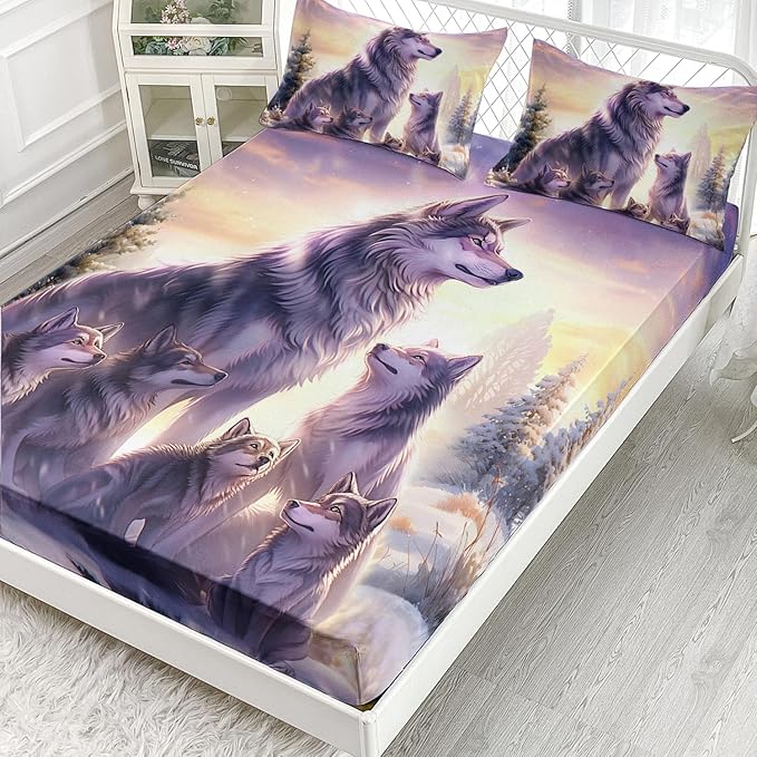 AILONEN Wolf Fitted Sheet Set Full Snow Wolf Bed Sheet Set, Wolfmother and Wolf Pups Theme Bedding Set 3 Pieces Wildlife Wolf Sheet Set for Boys Girls,1 Fitted Sheet with 2 Pillowcases