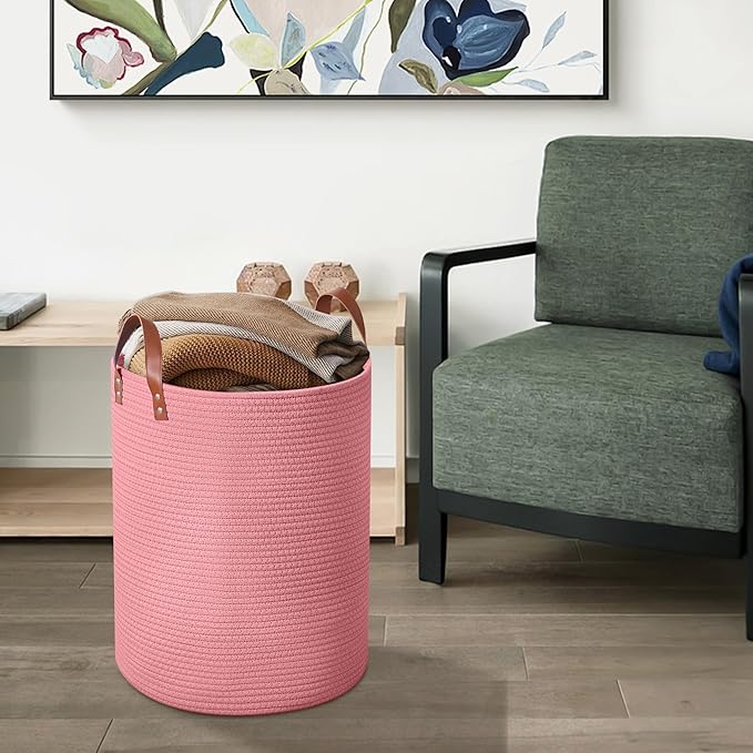 80L Large Rope Basket, Woven Rope Storage Basket with Leather Handles, Dog Toy Storage Basket, Bedroom, Nursery Blanket Storage, Bathroom Laundry Basket, 16“x20” Tall Rope Basket (Pink)