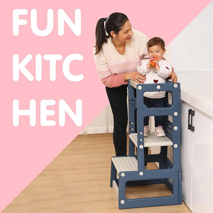 SDADI Mother's Helper Adjustable Height Plastic Kitchen Step Stool for Children, Kids Toddlers Counter Level Learning Stool for Kitchen & Bathroom,Blue and Light Grey