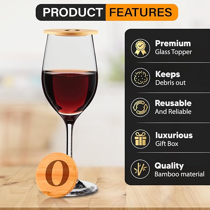 Personalized Wine Glass Charcuterie Topper - Custom Laser Engraved Initial Bamboo Wine Glass Topper Stopper Coasters Plate ID Identification Wine Glass Charcuterie Board Topper (Letter O)