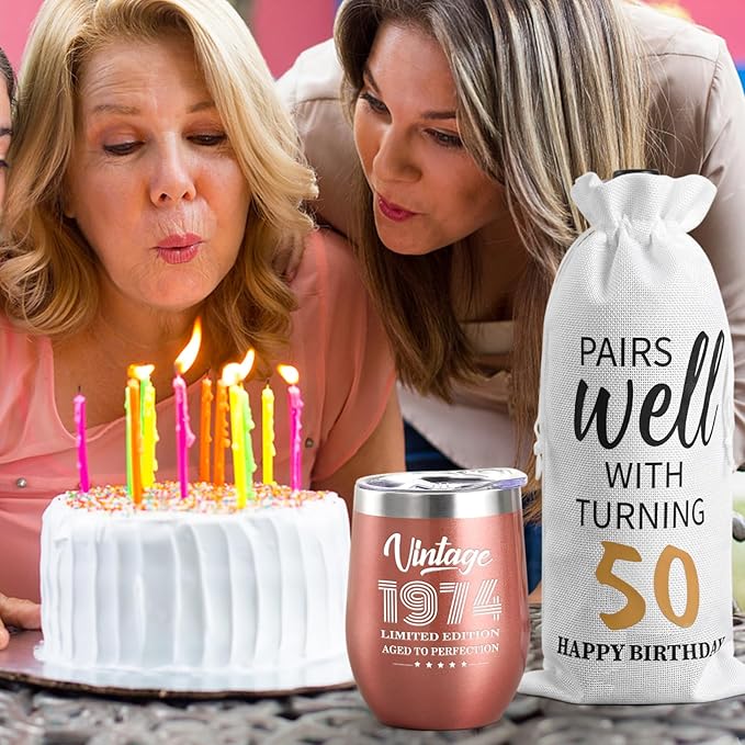 Lifecapido 50th Birthday Gifts for Women, Vintage 1974 Limited Edition Insulated Wine Tumbler with Wine Bag, 50 Year Old 50th Birthday Presents Christmas Gifts for Mom Grandma Wine Lover, 12 oz