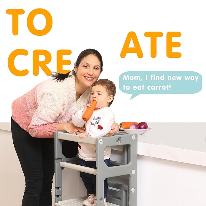 SDADI Mother's Helper Adjustable Height Plastic Kitchen Step Stool for Children, Kids Toddlers Counter Level Learning Stool for Kitchen & Bathroom,Dark Grey and Light Grey