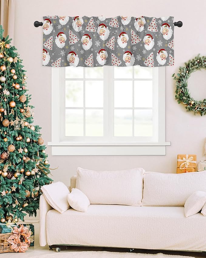 Grey Christmas Valance Curtains for Kitchen Windows Santa Claus Merry Christmas Tree Rod Pocket Window Treatment Toppers for Kitchen/Living Room/Bedroom/Bathroom, 42" X 12", Winter Snowflake
