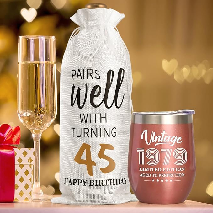 Lifecapido 45th Birthday Gifts for Women, Vintage 1979 Limited Edition Insulated Wine Tumbler with Wine Bag, 45 Year Old 45th Birthday Presents Christmas Gifts for Friends Mom Aunt Wine Lover, 12 oz