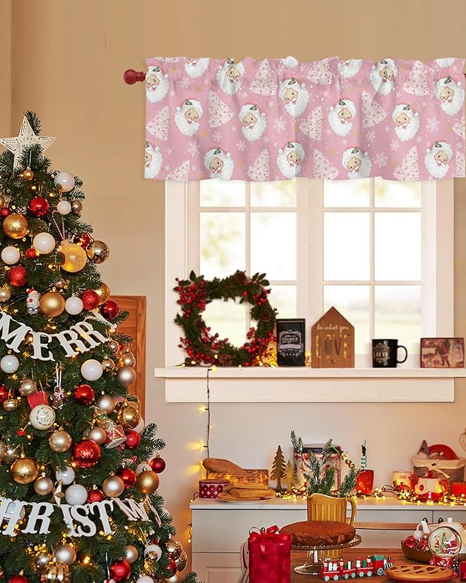Pink Christmas Valance Curtains for Kitchen Windows Santa Claus Merry Christmas Tree Rod Pocket Window Treatment Toppers for Kitchen/Living Room/Bedroom/Bathroom, 42" X 18", Winter Snowflake
