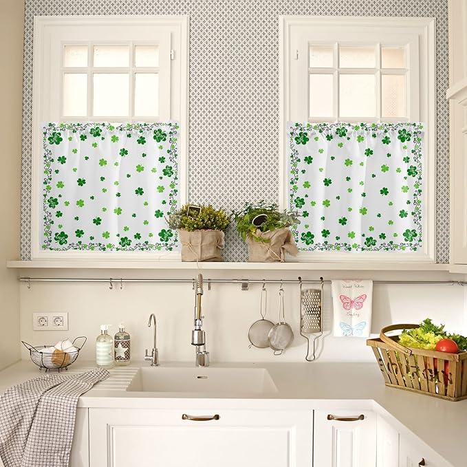 St. Patrick's Day Kitchen Curtains and Valances Set, Green Shamrock Irish Clover Window Tiers Seasonal Spring Holiday Half/Short Curtains for Small Windows Cafe /Living Room/ Bedroom 54x24 in