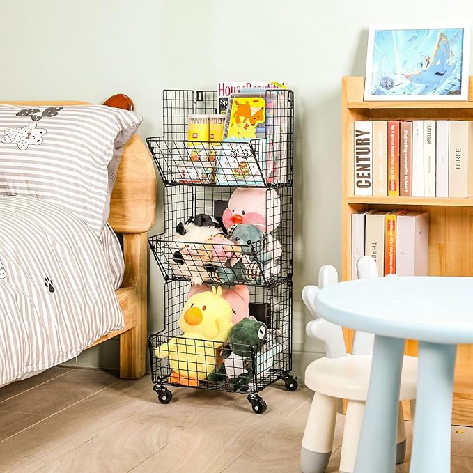 Sonyabecca Toy Organizer Basket Shelf with Wheel, S-Hooks, Rolling Cart Hanging Storage Baskets for Child Room, Playroom, Bedroom, Kitchen (Black)