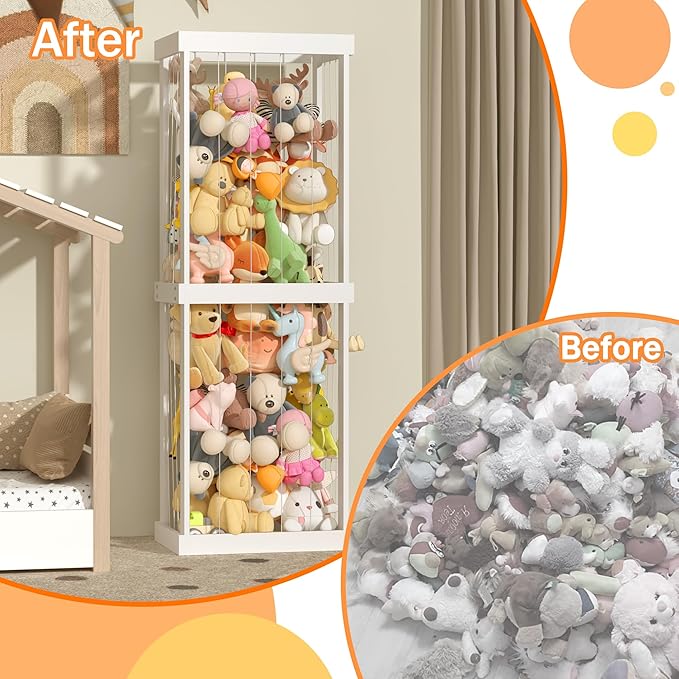Stuffed Animal Zoo Storage, Large Capacity Wood Stuffed Animal Storage Shelf for Kids, Large Zoo Cage for Stuffed Animals with Elastic Band, Animal Toy Holder, for Nursery Playroom Bedroom Kid Room