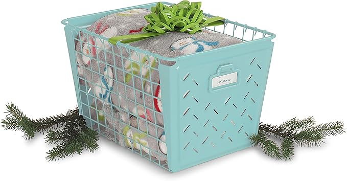 Spectrum Diversified Macklin, Stamped Steel & Wire Basket for Closet & Cubby Storage Vintage-Inspired Design with Customizable Label Plate, Medium, Teal, 1 Count (Pack of 1)