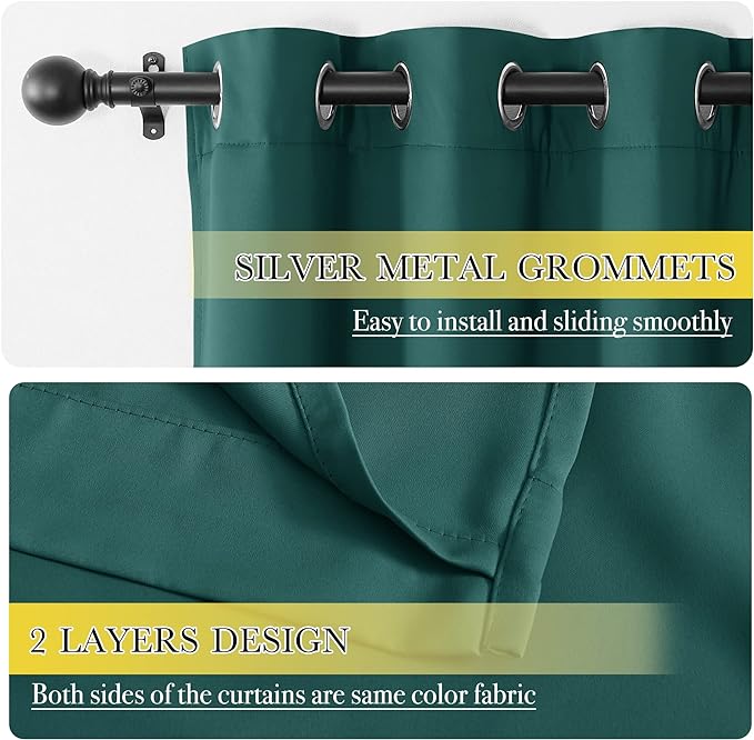 NICETOWN Emerald Green 100% Blackout Curtains, Thermal Insulated & Energy Efficiency Window Draperies for Guest Room, Full Shading Panels for Shift Worker and Light Sleepers, 52W x 84L, 2 PCs